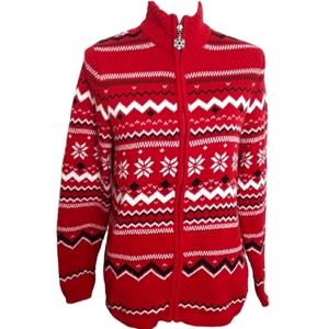 Breckenridge Red Black Full Zip Polyester Fair Isle Cardigan EUC sz S